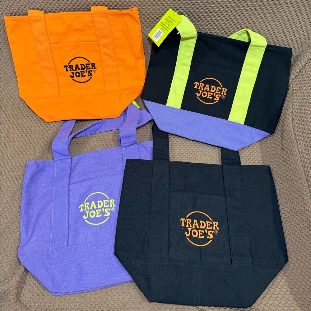 Trader Joe's Halloween Mini Canvas Tote Bag Set of 4 Orange Purple Black NEW